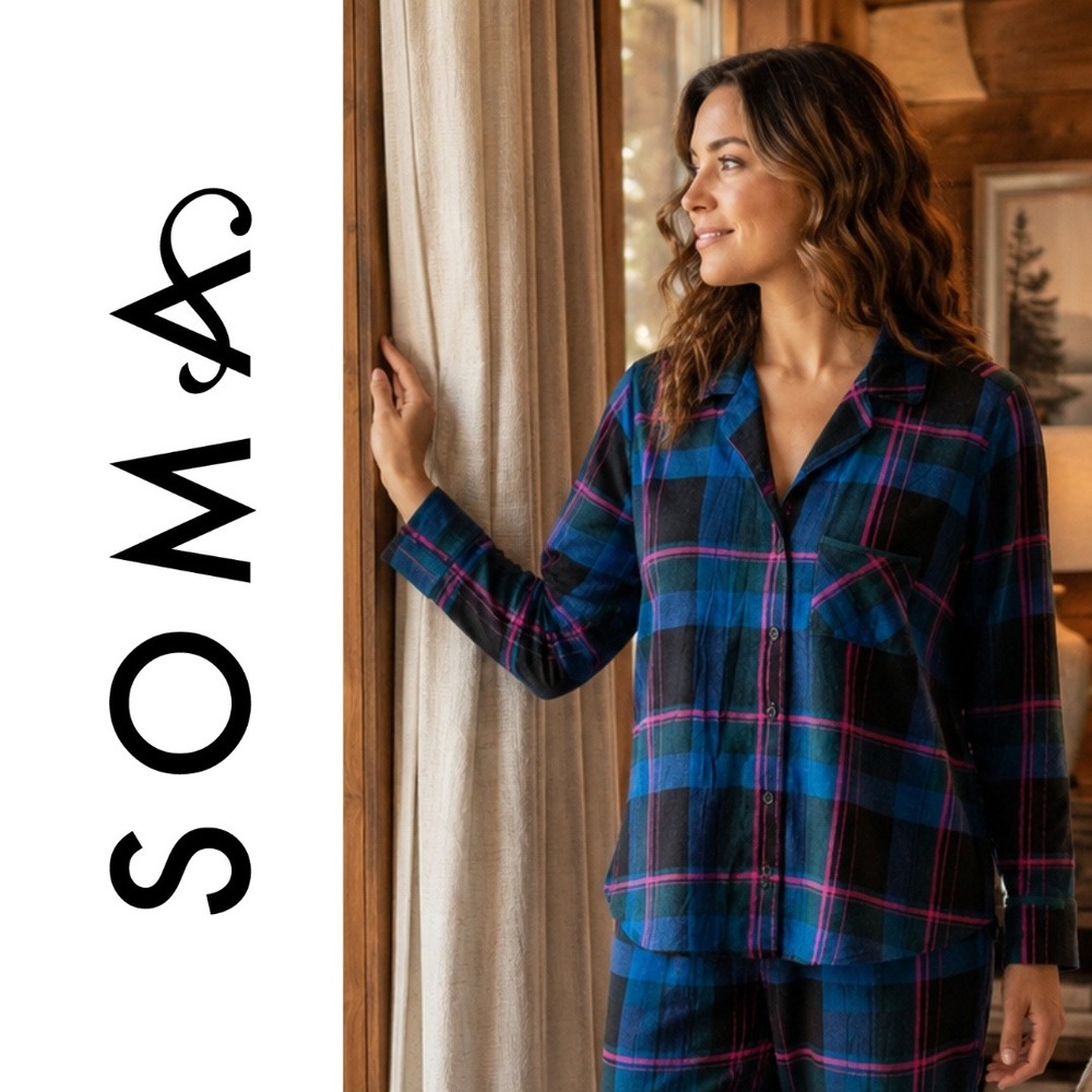 Soma, Blue Pink Plaid Pajama Top Long Sleeve Button Down Sleep Shirt Small